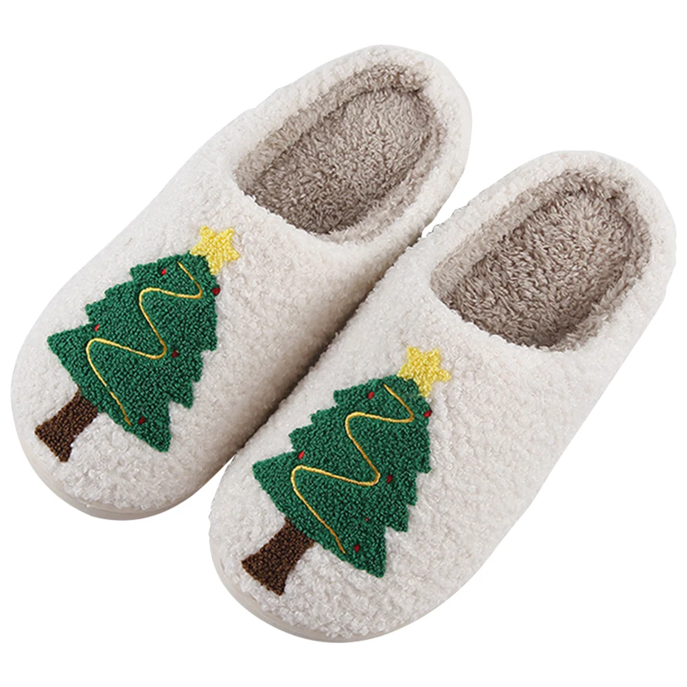 

Плюшевые тапочки с рождественской елкой, теплая домашняя обувь без шнуровки, Нескользящие пушистые домашние тапочки, пушистые тапочки с рождественской елкой на осень-зиму