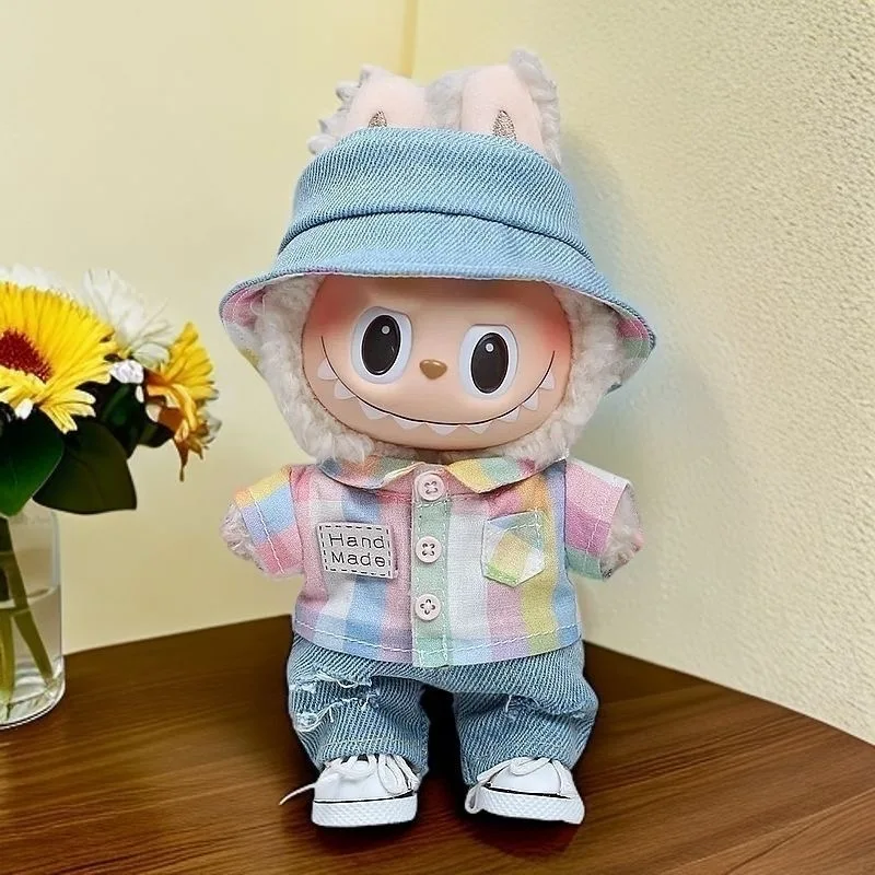 15/17 cm Labubu Big Into Energy Puppe Lässiger karierter Mantel Jeans Anzug Set Ropa Labubu Zubehör