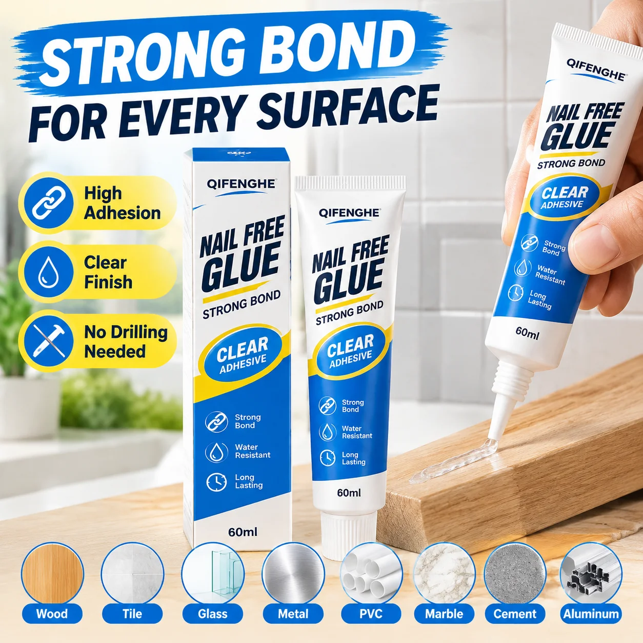 Strong nail-free adhesive, box-packed, no drilling required, transparent glass glue with superadhesion, scratch-resistant auxili