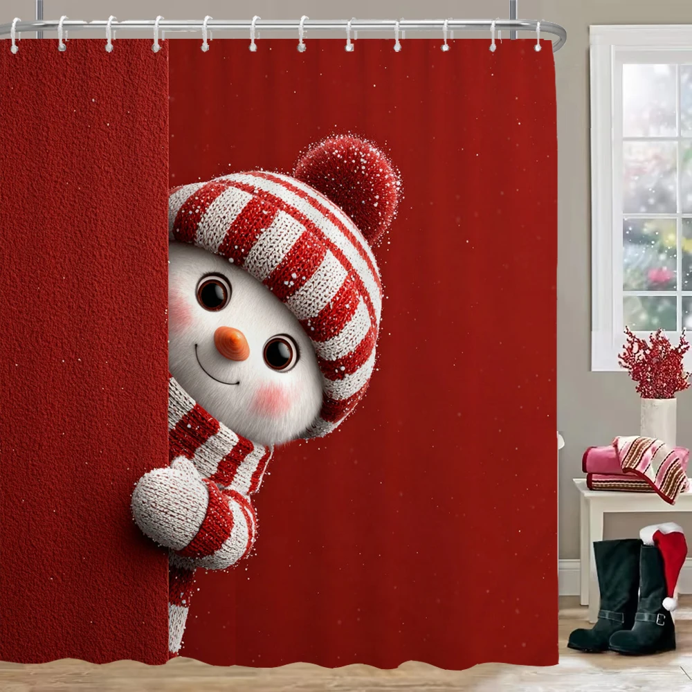 

New Year Christmas Shower Curtains For Bathroom with Hooks, Cartoon Christmas Snowman Gifts For Xmas Bath Curtain Decor