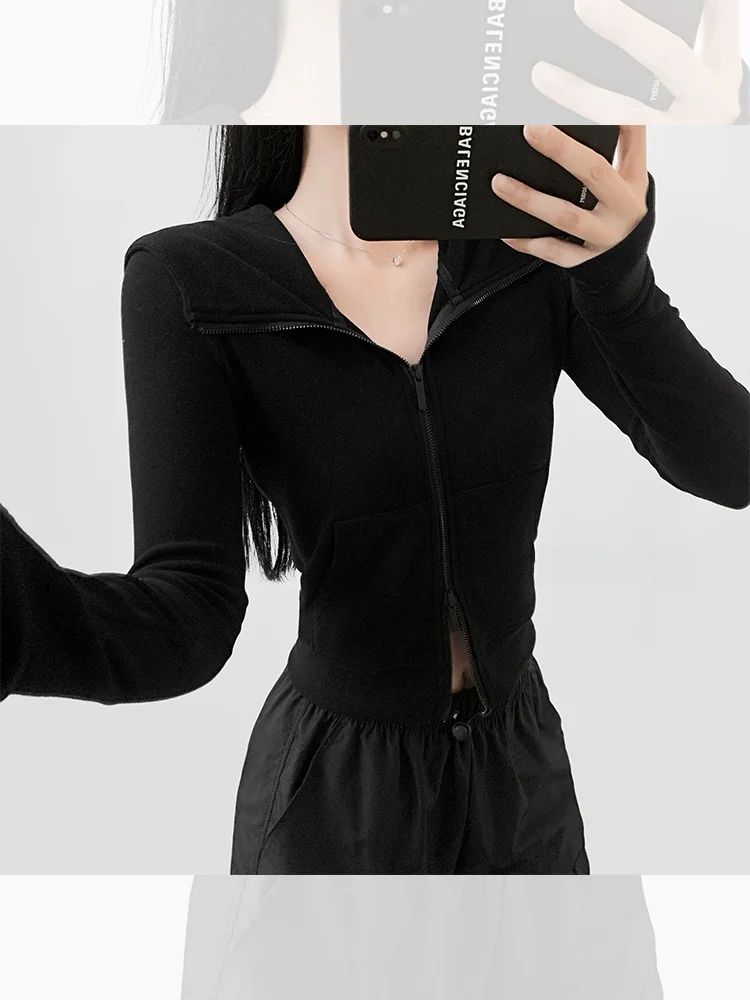 

Versatile ort Svel Hooded Open Cardigan Women's Slim Fit Long Sve T-irt Summer Spring Tea Double Zipper Casual Wear
