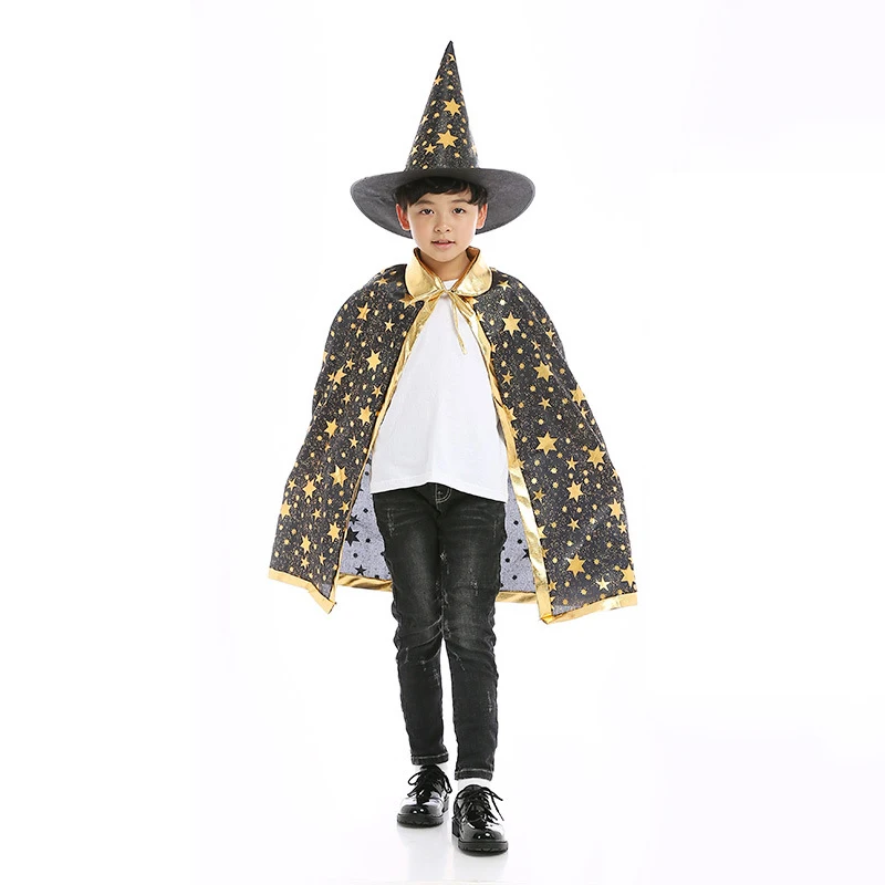 Sydanne Kids Magician Wizard Cloak Hat Cosplay Costume Hot Stamping Five-pointed Star Cloak Party Costume Halloween Costume
