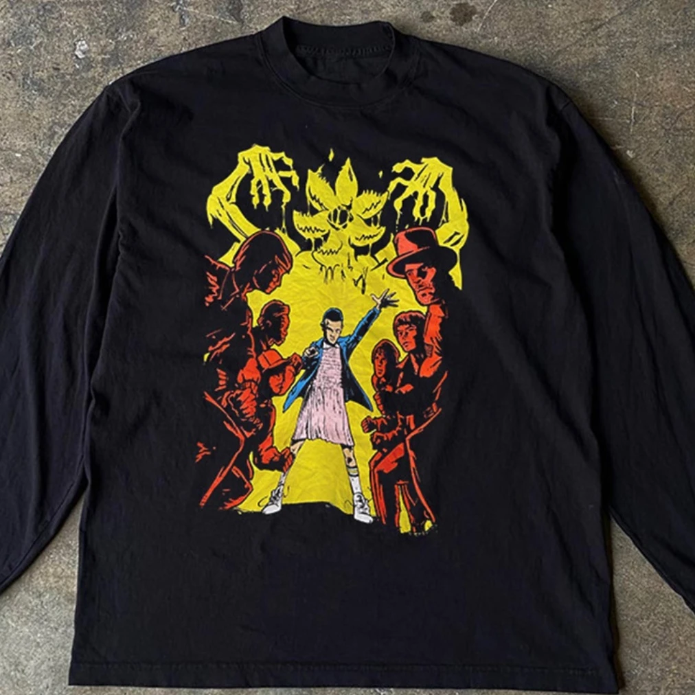 

Очень странные дела: европейская и американская киноперия, винтажная хлопковая мужская и женская текстурированная футболка с длинными рукавами в стиле ретро