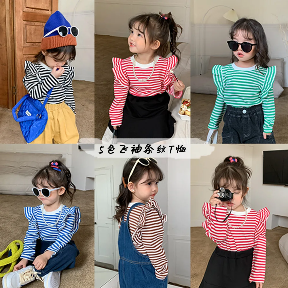 

Children's Clothing Girls' T-shirt Autumn Clothes 2023 New Korean Style Lotus Sleeve Top Stripe Flying Sleeve Bottom Shirt