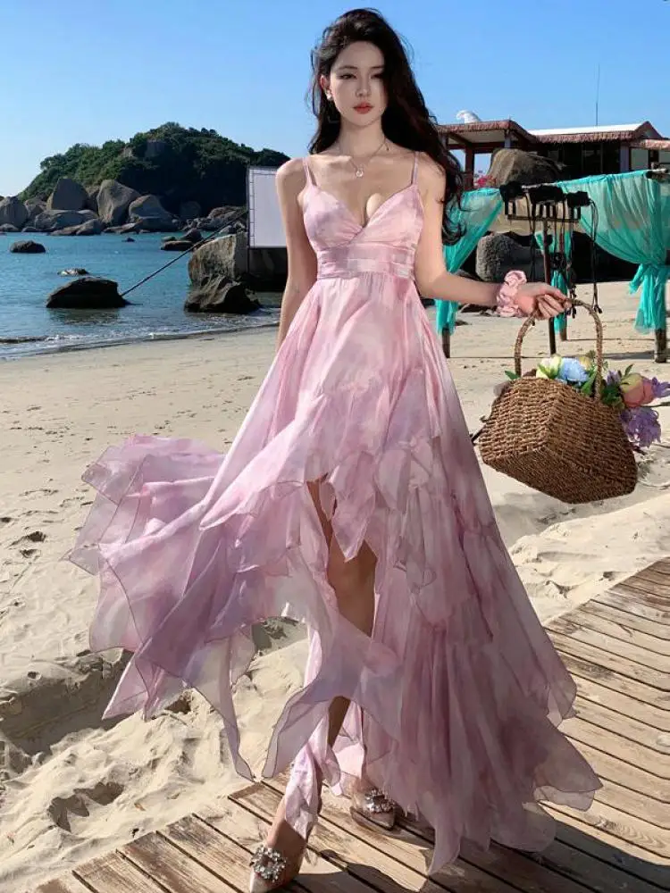 

French Vintage Summer Pink Sexy Ruffle Edge Irregular Party Long Dress Women Sleeveless Backless Vacation Pleated Slip Dress New