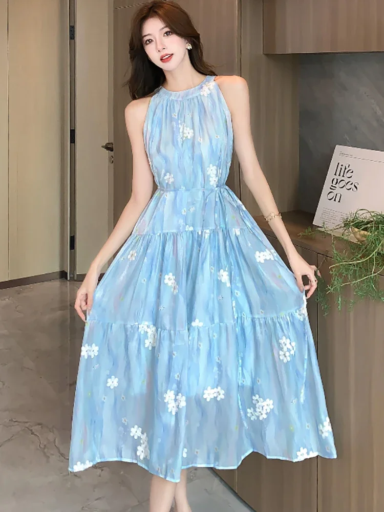 

Summer Blue Embroidrery Floral Chic Neck-mounted Long Dress 2025 New Elegant Casual Bandage Dress Women Korean Festival Vestidos