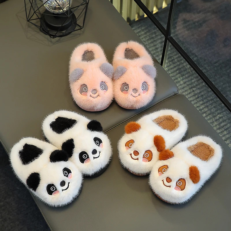 New Winter Warm Cute Cartoon Panda Indoor Mule Soft Non-slip Kids Fluffy Slippers For Boys And Girls Children Home Cotton Shoes