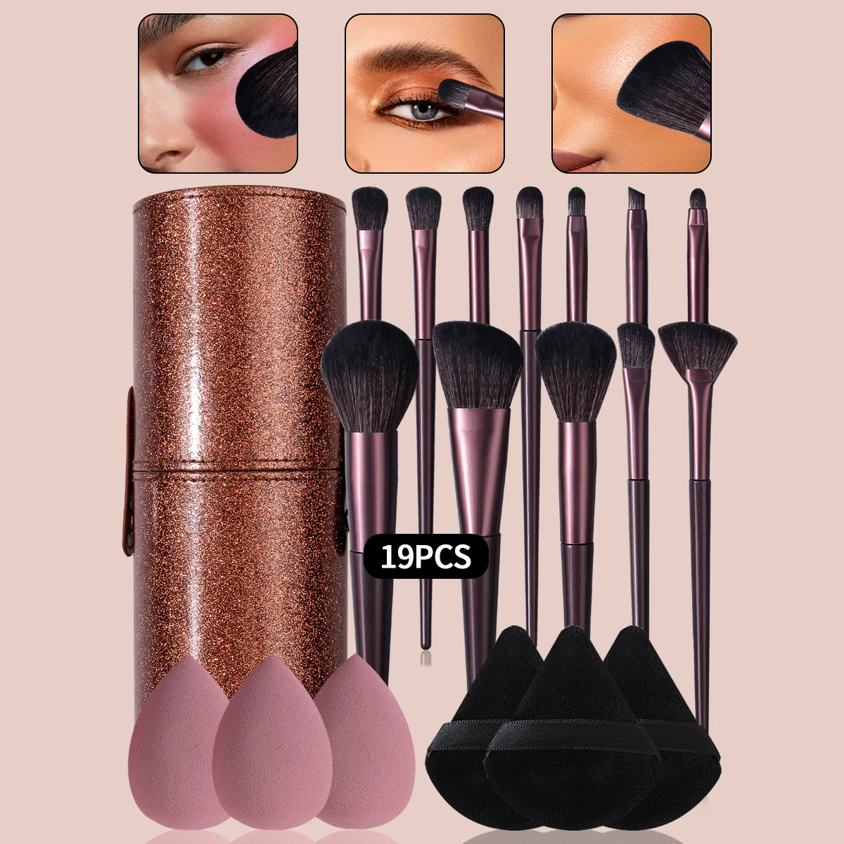 Ensemble de pinceaux de maquillage haut de gamme 19 pièces: 12 ensembles de pinceaux de maquillage + 6 bouffées de poudre d'éponge de maquillage douce et œufs de beauté + seau de rangement