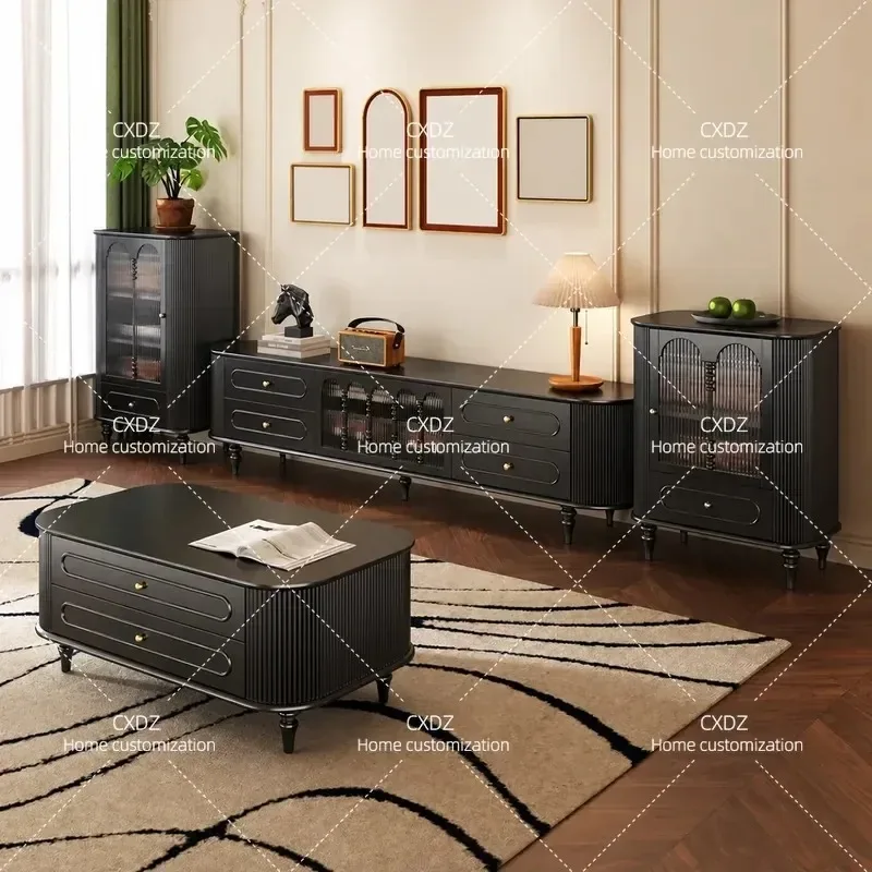 Retro Solid Wood TV Cabinet and Coffee Table Combo Simple Modern Floor Standing Media Console for Small Apartment Living Room