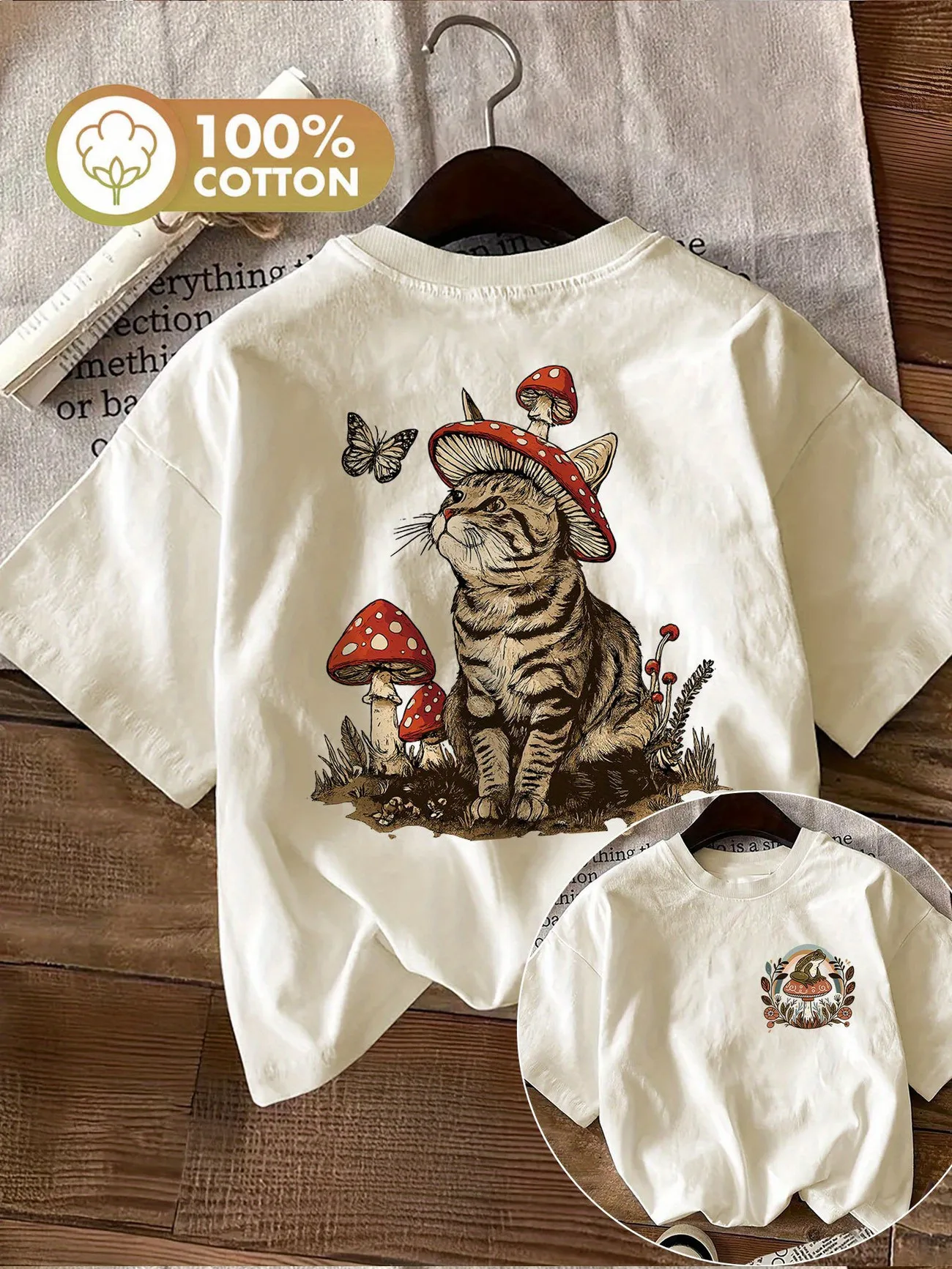 Retro 100% Cotton Mushroom Cat with Butterfly Kawaii Graphic Tee Unisex Soft Casual T-Shirt Spring Summer Outdoor Crewneck