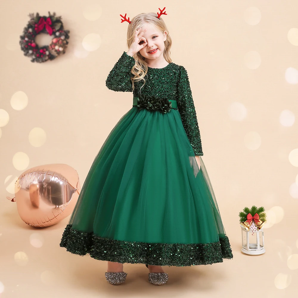 Robe de Noël Verte à Manches sulfpour Fille, Costume de Princesse à Paillettes, Couleur Unie, Élégante, Éducative, pour ixd'Hiver, pour Enfant de 4 à 14 Ans