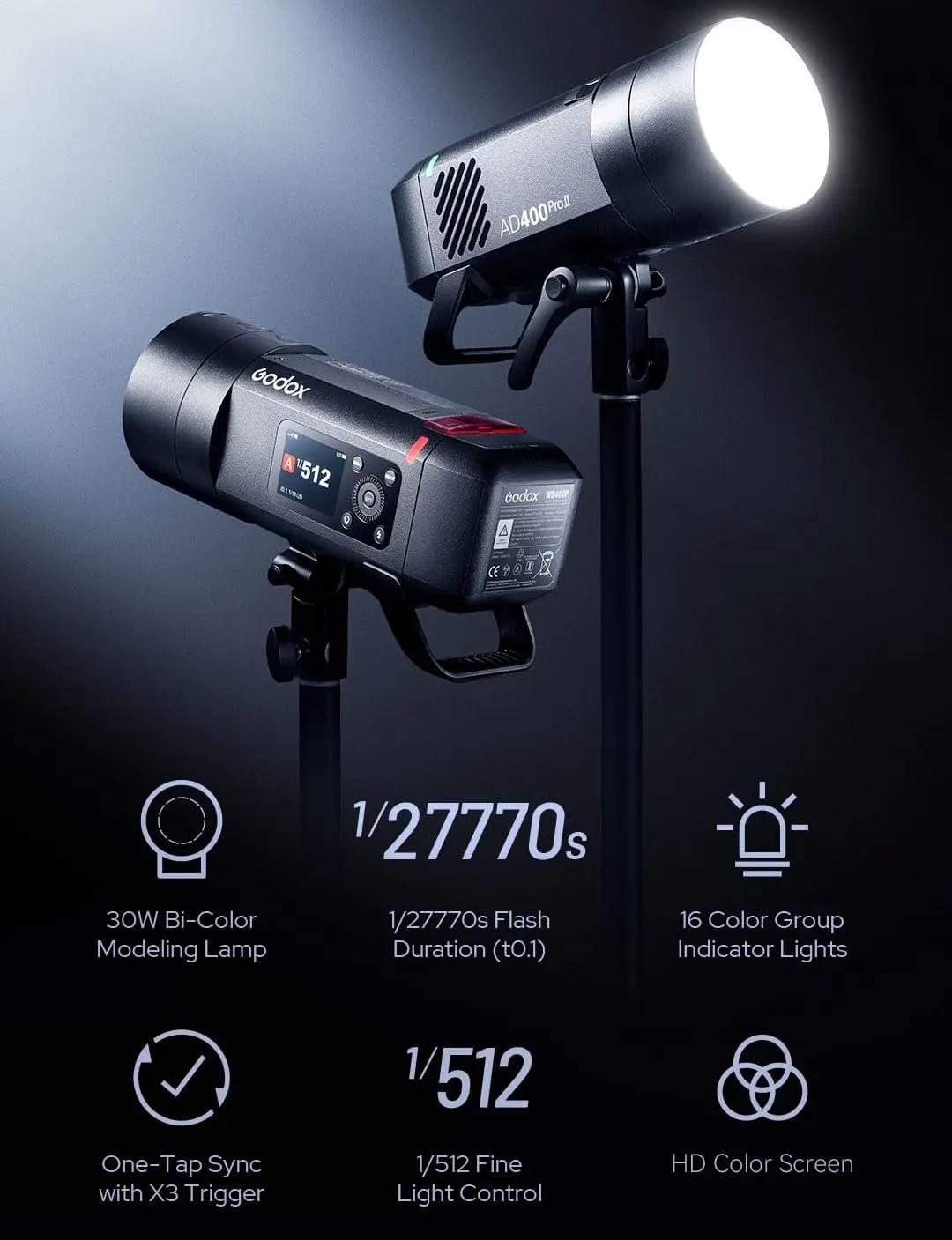 Godox AD400Pro II GN72 One-Tap Sync Flash 30W Bi-Color Modeling Lamp with 2.4 GHz Wireless X System Ultra-Fast Freeze Mode