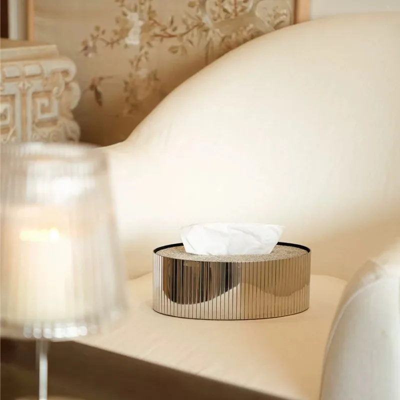 Modern light luxury striped stainless steel horsehair tissue box, high-end home soft furnishing desktop with tissue box ornament