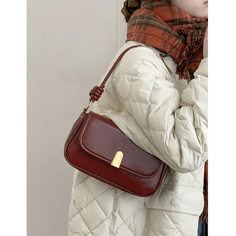 Retro Red Bags For Women New Trendy Versatile Single Shoulder Underarm Pack Pu Leather Female Commuter Square Crossbody Bag