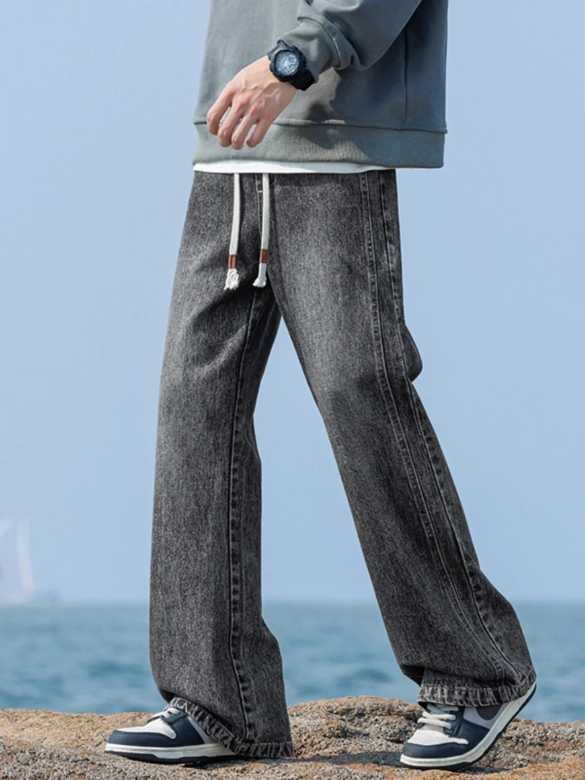 레트로 아메리칸 워터 웨이드 페이스 라인드 슬림 스트레이트 진 남성 하이 스트리트 다리 연장 캐주얼 롱 팬츠 가을 겨울