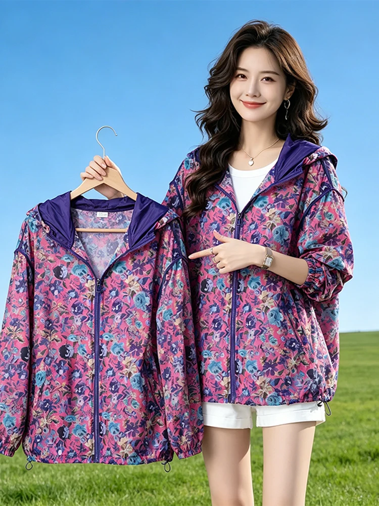 Fashionable Korean Style Floral Print Hooded Sun Protection Jacket Women's Loose Fit Summer New plus Size Air Conditioning ...