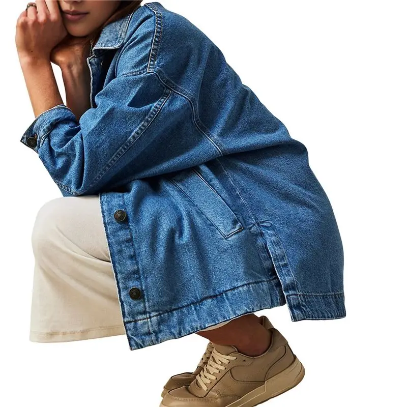 

AUAU-Women's City Denim Jacket-Long Sleeve Oversized Boyfriend Style Jean Jacket With Button Up Front
