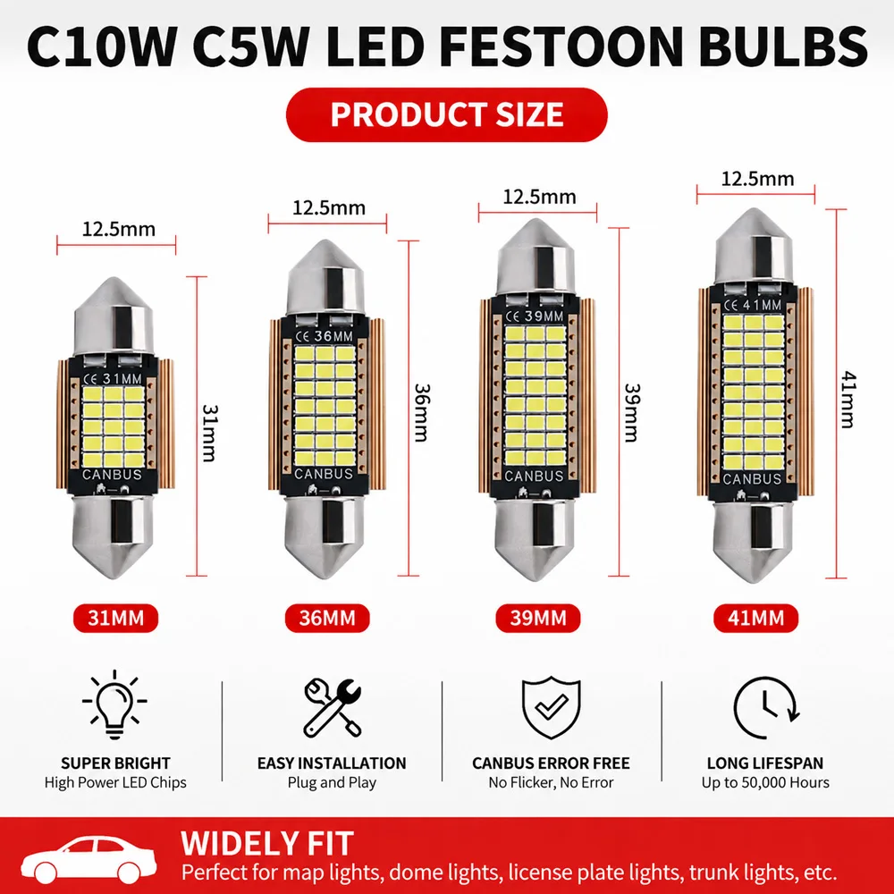 White C5W C10W LED Festoon Lamp 2/10Pcs CANBUS Decoding 31 36 39 42 mm Auto Interior Dome Light License Plate Bulb Replacement
