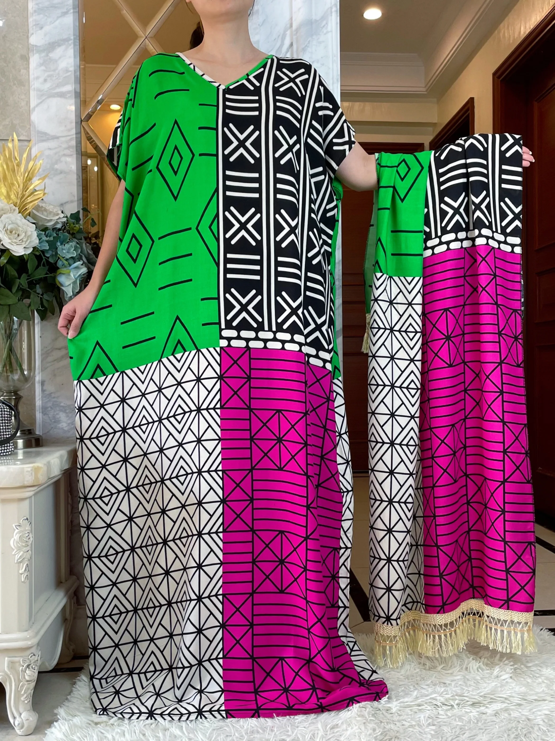 

2024New Muslim Abaya Women 100% Cotton Floral Dress Fashion Printing Short Sleeve African Dashiki Maxi Loose Elegant Dresses