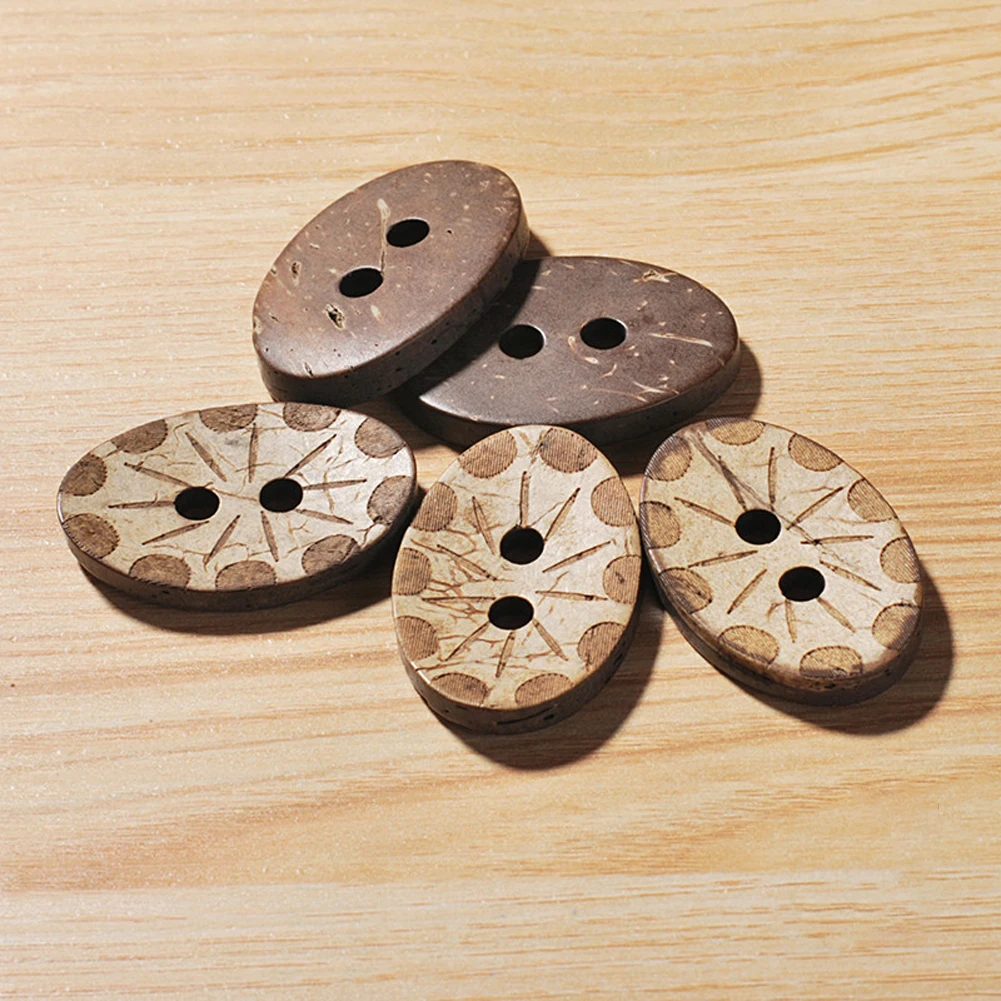 10pcs Coconut Shell Buttons Natural Wood Carve Oval 2 Holes Flatback Button DIY Sweater Coat Sew Accessories Scrapbook Fastener