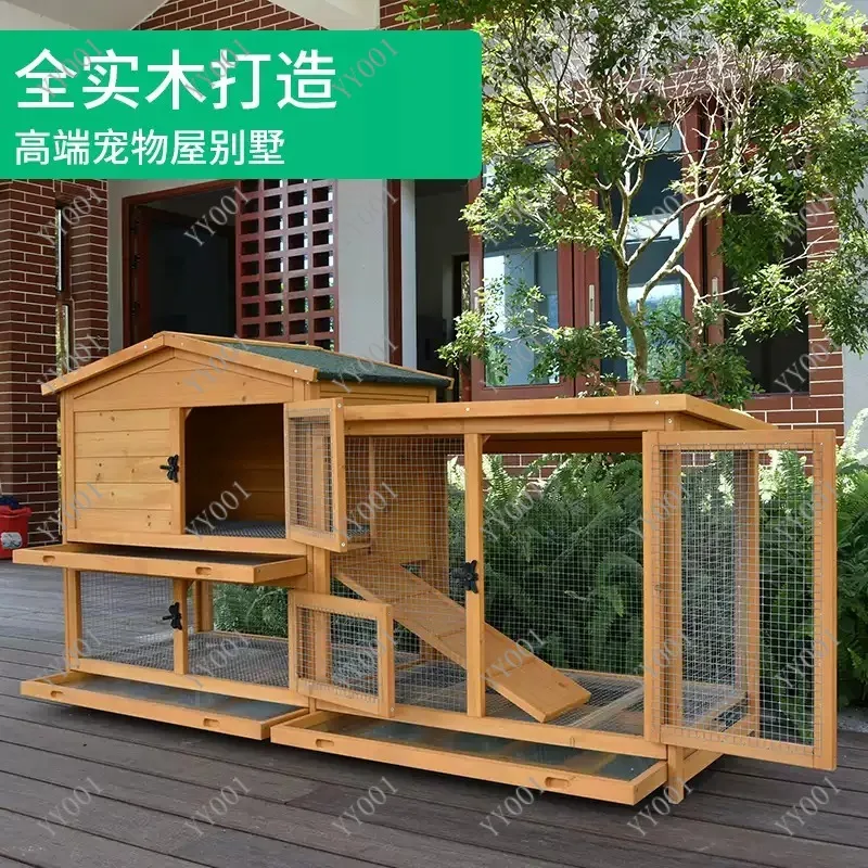 Large Wooden Rabbit Hutch with Fence & Trays Outdoor Chicken Coop Hen House Pet Cage