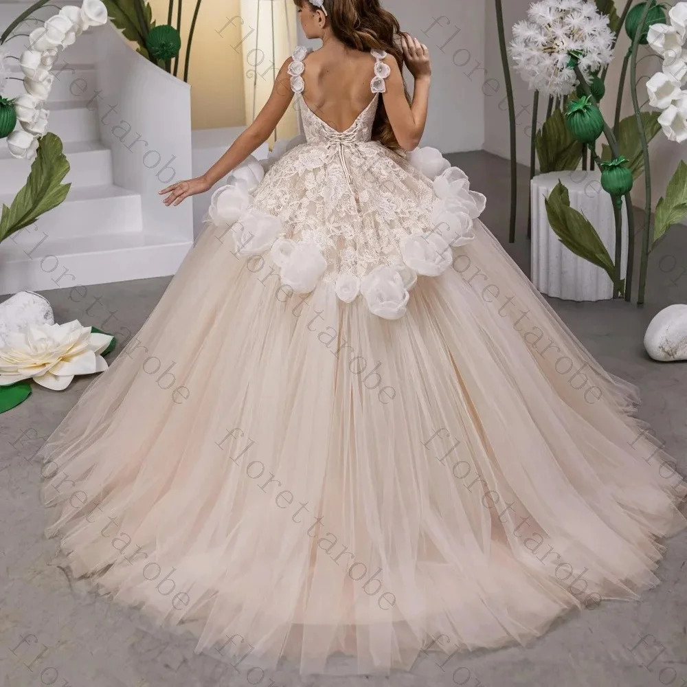Customized Ivory Tulle Flower Girl Dress Ball Gown Maxi Length Square Neck Sleeveless Lace Bodice 3D Floral Applique Wedding Kid