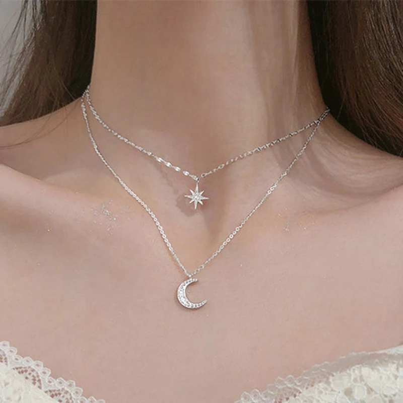 

925 Sterling Silver Star Moon Double layer Necklace Pendant Choker Necklace Light Luxury Niche Design Birthday Party Gifts