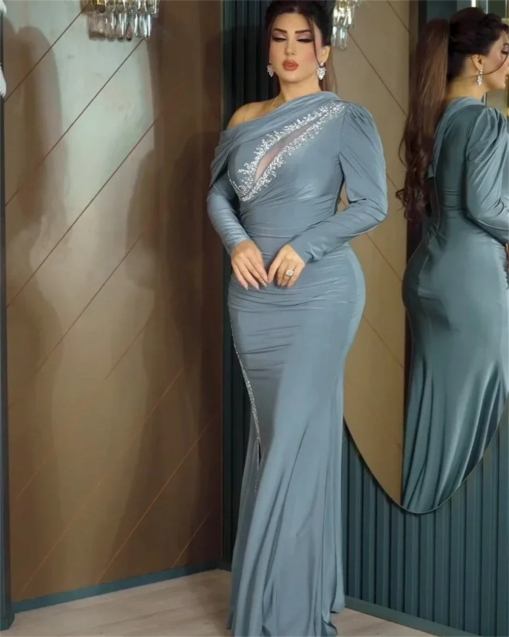 Vestido de fiesta personalizado de noche de Arabia Saudita, columna de un solo hombro, faldas hasta el suelo, vestidos para ocasiones a medida verticalmente, Dearin Ye