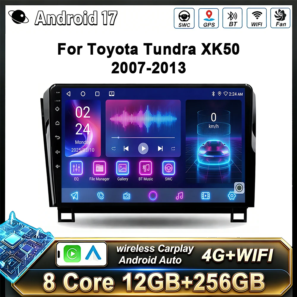 Reproductor Multimedia para Auto Android 17 para Toyota Tundra XK50 2007-2013 Sequoia XK60 2008-2017, Carplay Inalámbrico, Android Auto, Wifi, 2din