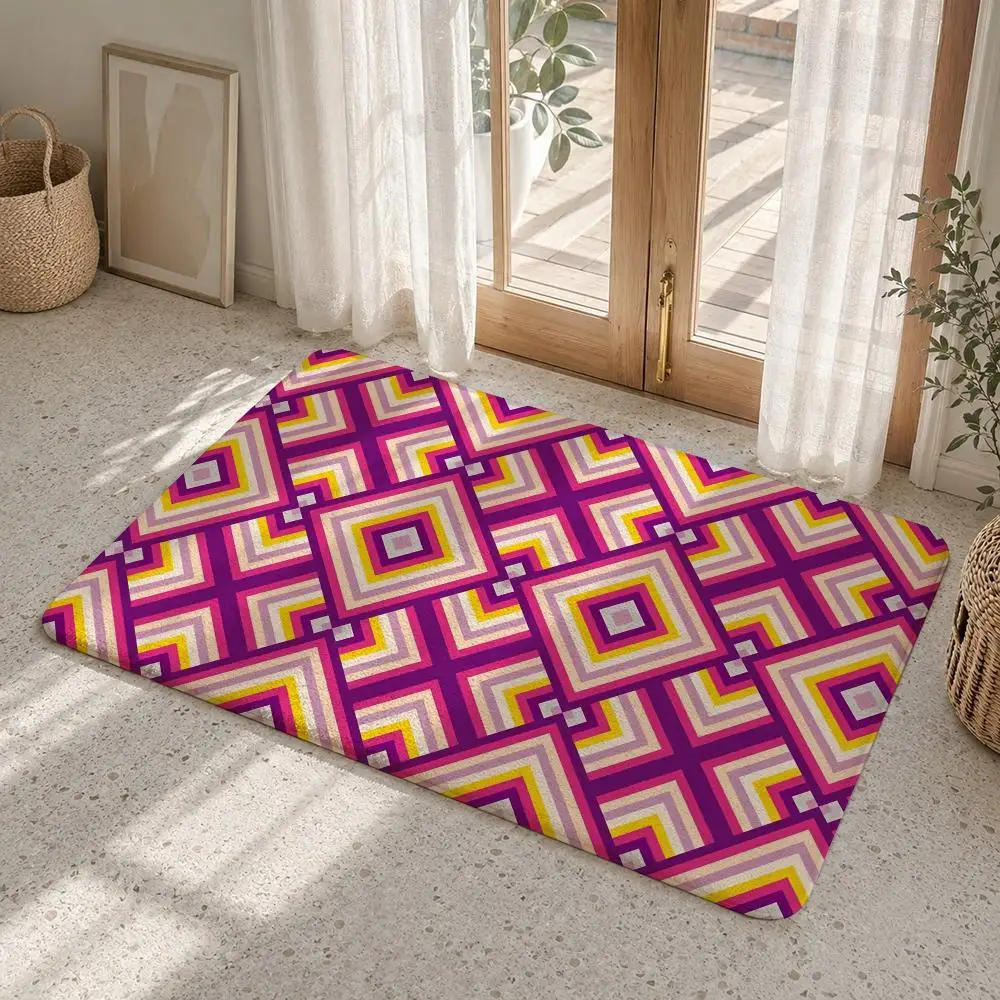 Vibrant Geometric Shapes Arranged Floor Mat Flannel Rug Non Slip Absorbent Soft Washable For Entryway Bathroom Kitchen Decor
