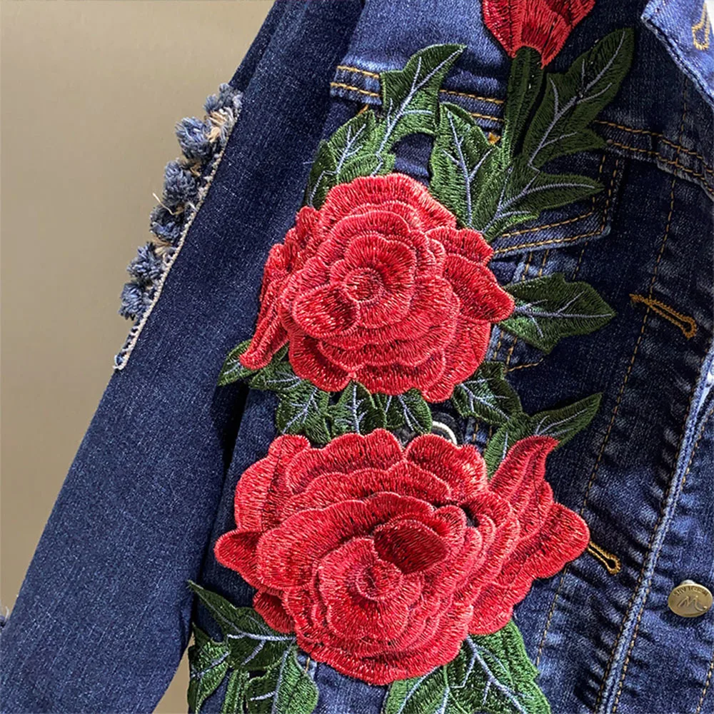 2022 Spring Autumn New Women\'s Embroidery Red Rose Short Denim Jacket Coat Hole Long Sleeve Skinny Dark Blue Jeans Coats