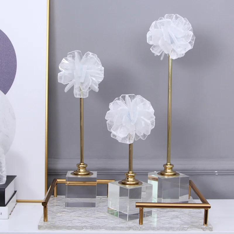 

Natural Crystal Stone Flower Glass Craft Hyalinite Hand Sculpture Metal Decorative Figurines Home Decoration Accessories
