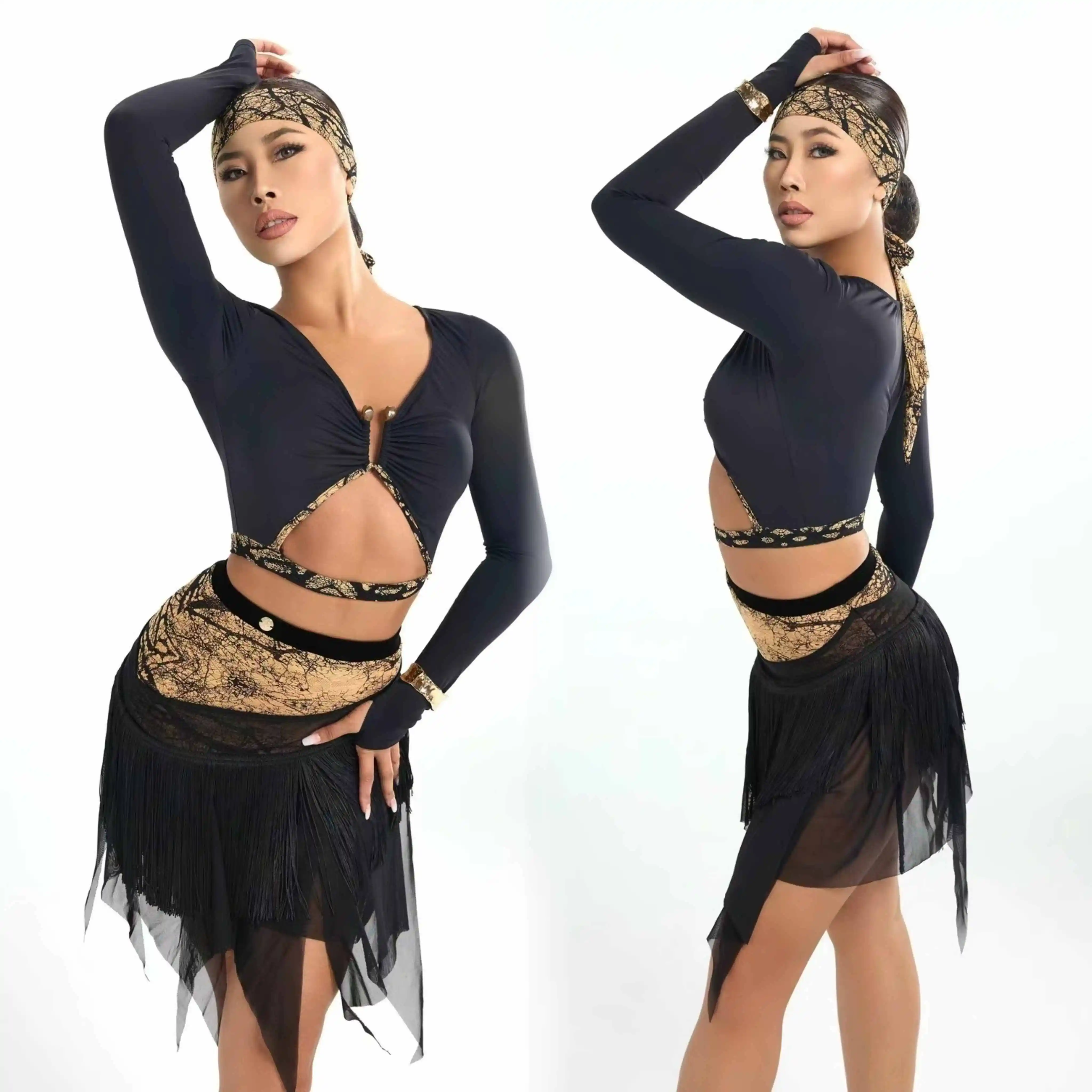 

Black Latin Dance Clothes Women Long Sleeves Tops Irregular Mesh Skirt Adult Rumba Dance Practice Performance Costume DNV22027
