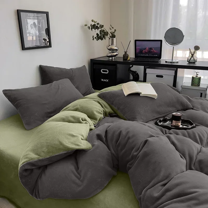 Autumn Winter Milk Velvet 4 Piece Set Bedding Set Thickened Double-sided Coral Flannel Beddings Lint Resistant Cozy Bedclothes