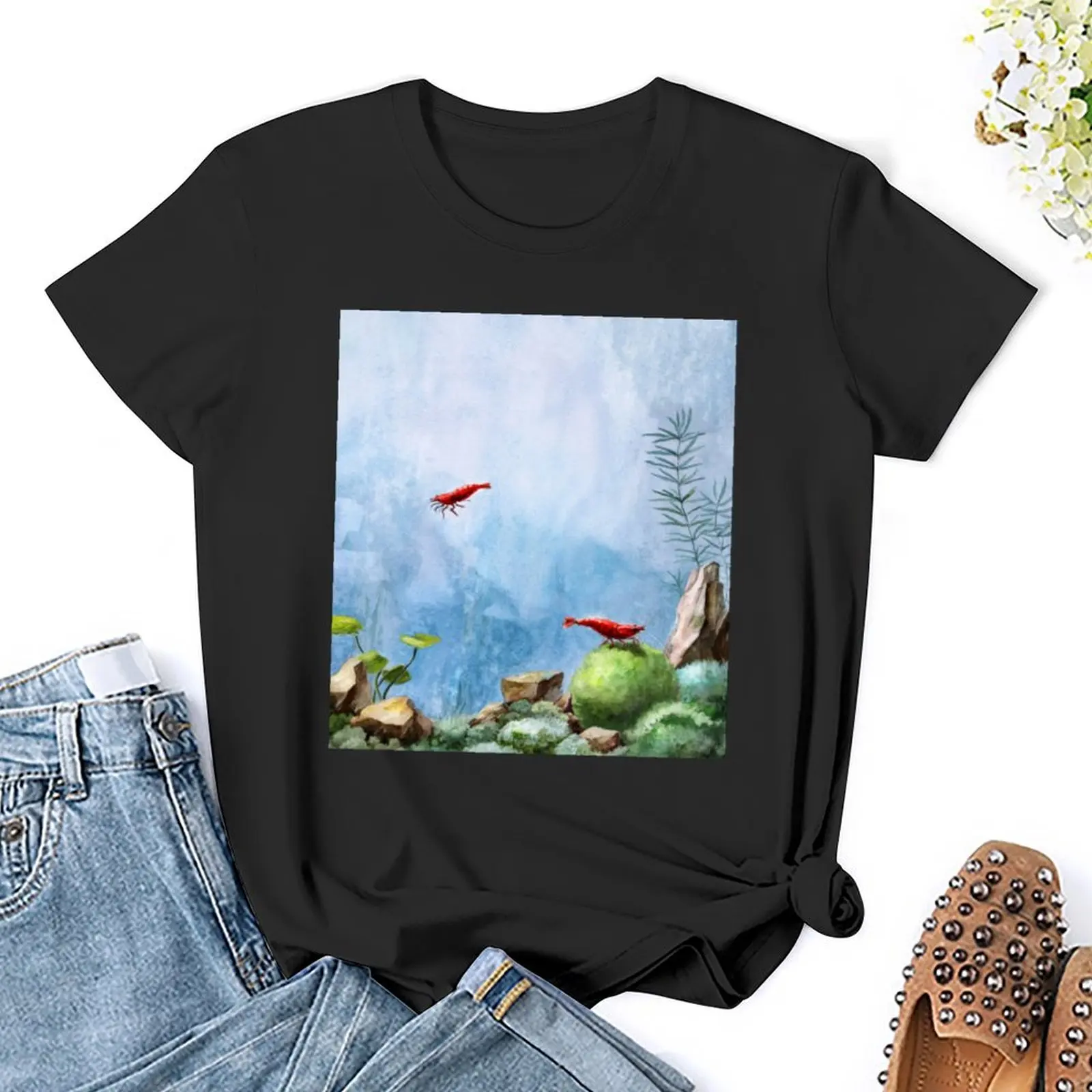 Red cherry shrimp in an aquarium T-Shirt oversized Short sleeve tee cute tops rock and roll t shirts for Women
