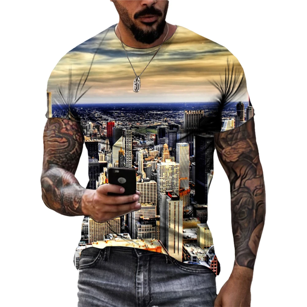 

Summer Fashion City Landscape Graphic T Shirts Men Casual Comfortable 3D Printing Tees Trend Harajuku O-neck Short Sleeve Tops