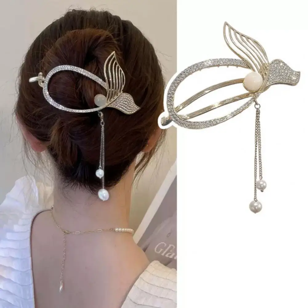 

Fairy-like Hairpin Elegant Tassel Hairpin with Rhinestones Faux Pearl Charms Fairy Fish Tail Flower Design Women's Hair