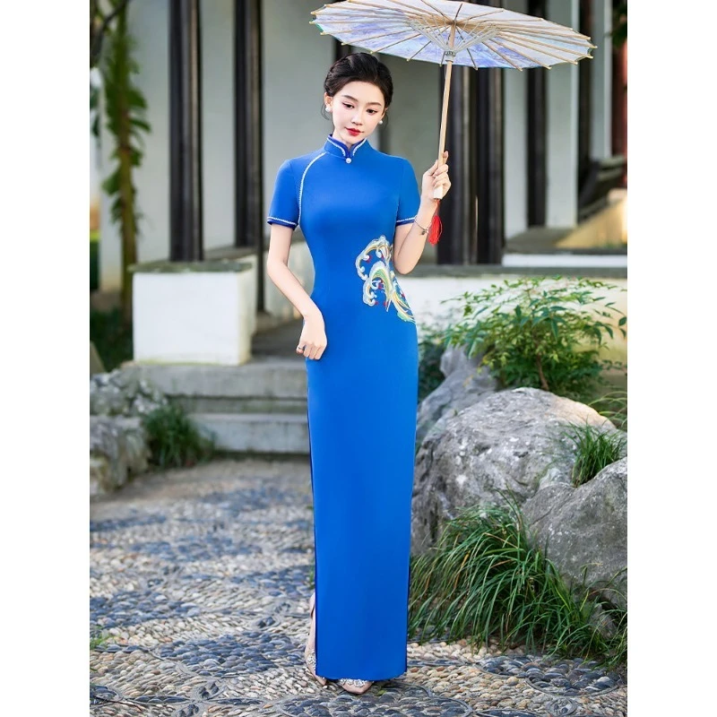 Cheongsam 2026 new royal blue high-end temperament high-grade long stage performance clothes