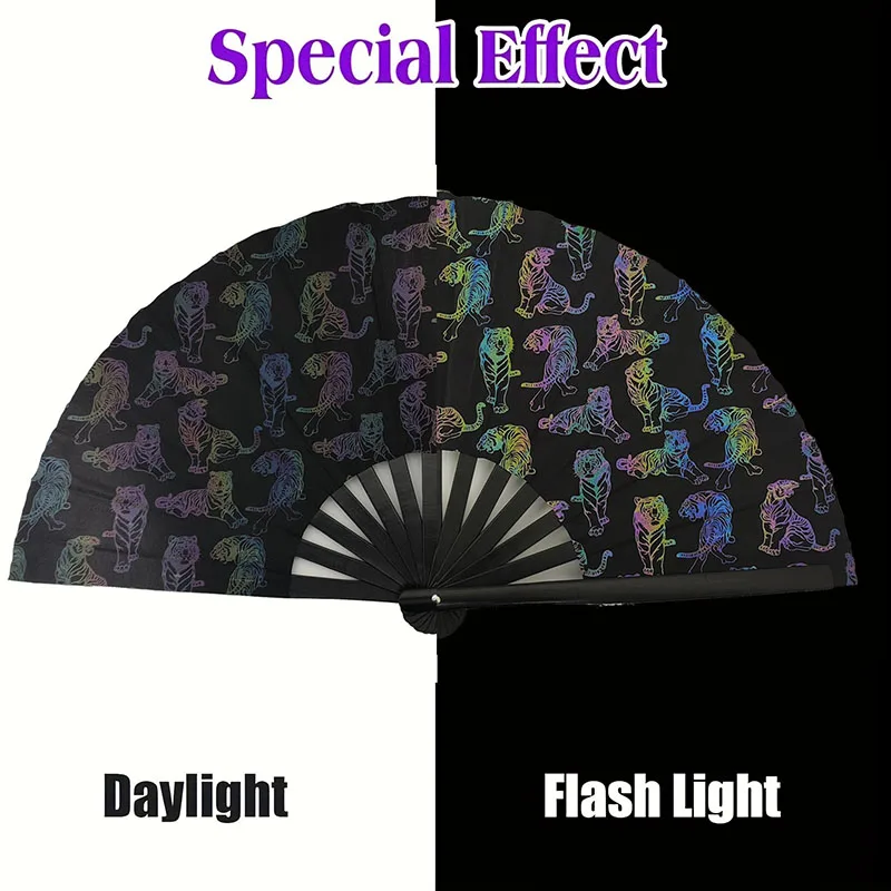 Iridescent Tiger Pattern Foldable Hand Fan with Holster - Portable Decorative Accessory for Rave Party Festival Costume