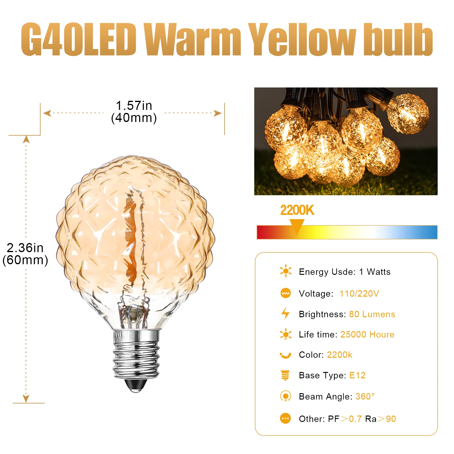 Retro LED Street Garland Waterproof G40 1W String Lights Ice Diamond E12 Amber Glass Outdoor Connectable Garden Decoration Bulbs