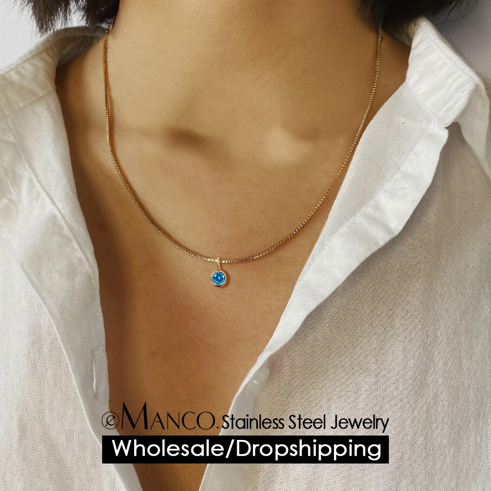 EMANCO Minimalist Style Stainless Steel Box Chain Necklace Round Birthstone Pendant Daily Commute Dating Party Jewelry Wholesale