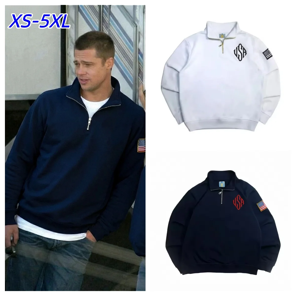 Sweat-shirt rétro Y2K Pitt avec broderie drapeau américain, col montant, quart de zip, pull streetwear de niche, unisexe, coupe oversize