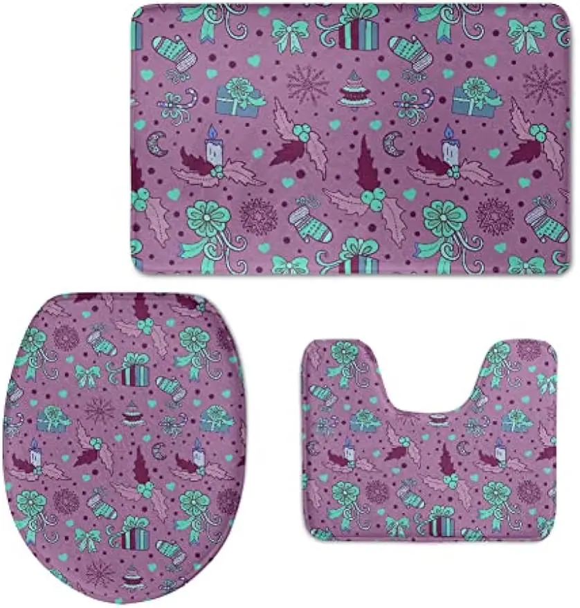 Purple Bath Rug with Rubber Backing 3 Piece Christmas Decor Printed Bath Mat Rug Sets for Bathroom Fits Shower Room,