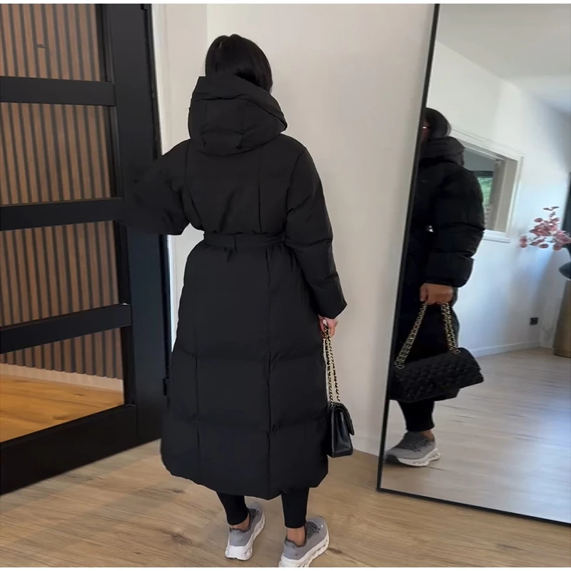 Elegant Long Belted Waist Tie Hooded Puffer Coat Quilted Thick Maxi 2026 Winter Daily Travel Outdoor Outerwear Casual Overcoat