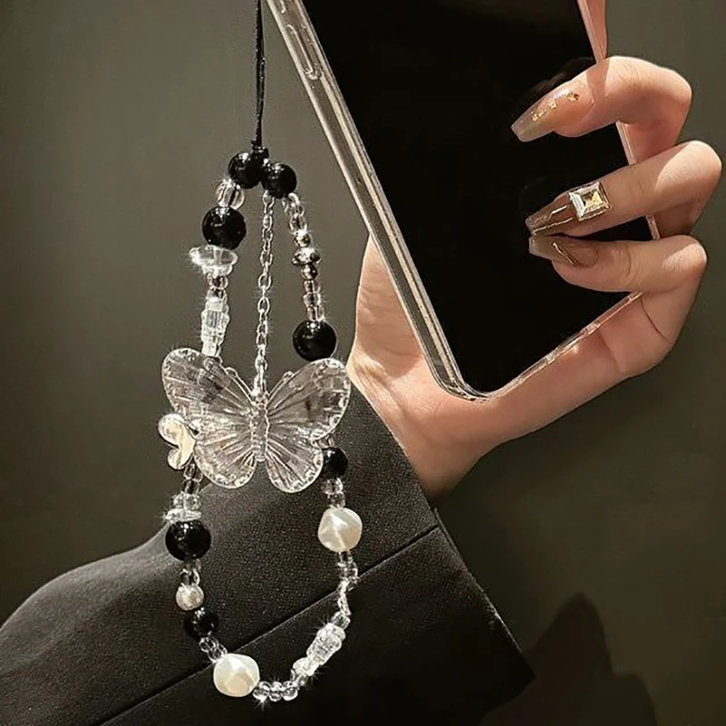 Y2K-Lanière de Téléphone Portable en Perles Transparentes Papillon, Porte-Clé, Sac, Caméra, Pendentif Bowvétérans t pour Couverture Airpods