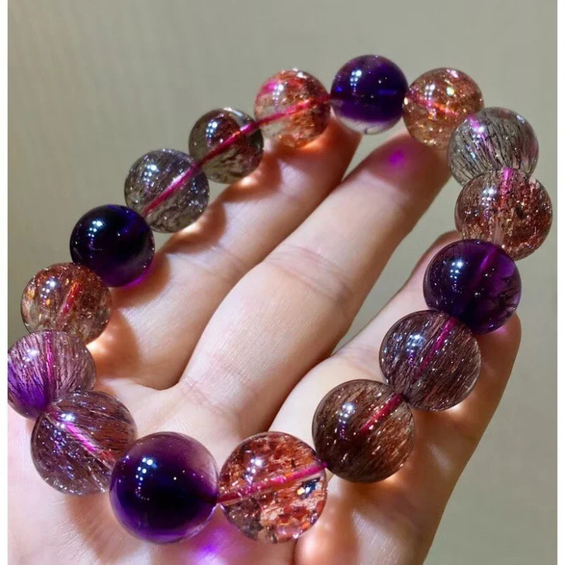 Crystal Ultra Seven Purple Rutilated Moonstone Rhodochrosite Peacock Graphite Green Phantom Quartz Bracelet Anis