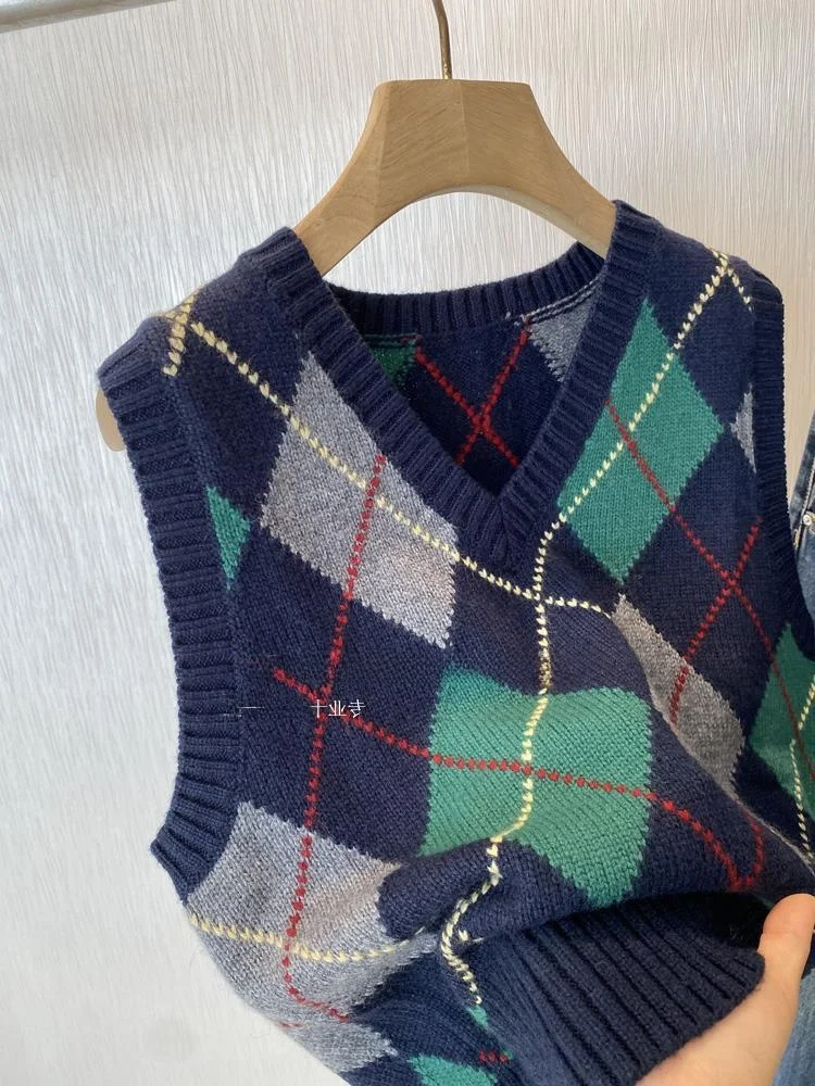 

Ретро Age-Defng College Sle Вязаный жилет из пряжи Материал шерсти в клетку Женский жилет без бренда