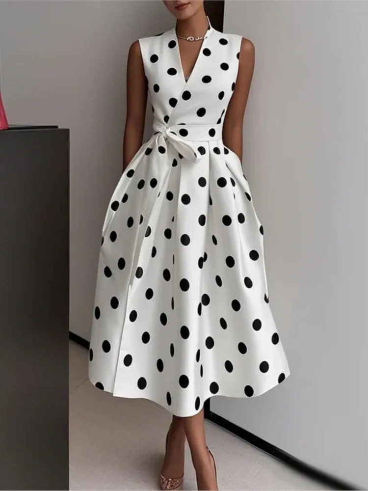 

French Polka Dot Long Dress 2026 Summer Retro New Style Elegant Waist-cinching Dress for Women Sleeveless V-Neck Lace-up Dress