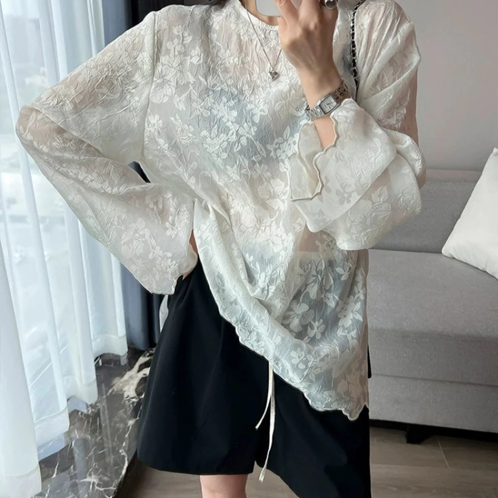 봄 여름 레이스 양산 커버 여성의 섹시 할로우 자수 느슨한 특대 패션 다목적 긴 소매 기본 셔츠상의