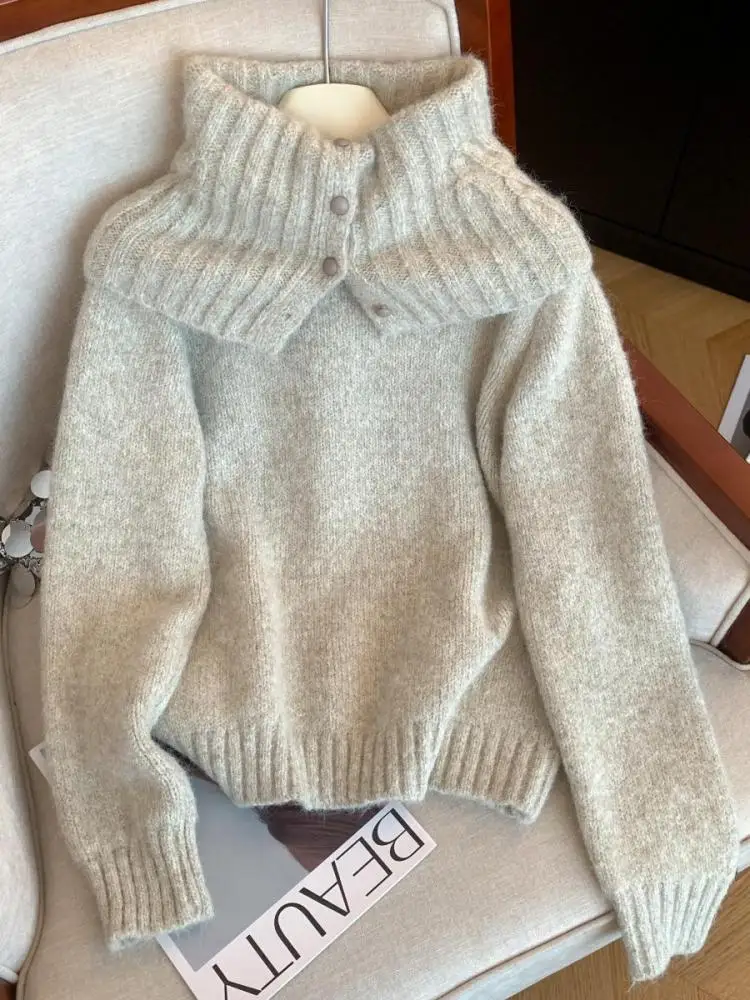 Otoño Invierno Beige gris cuello redondo suéter de manga larga mujer verde Festival pulóver Tops de punto y bufanda conjuntos simplicidad